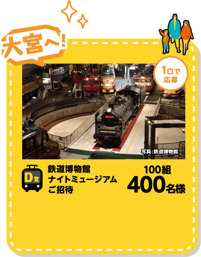 D賞 大宮へ！ 1口で応募 鉄道博物館ナイトミュージアムご招待 100組400名様